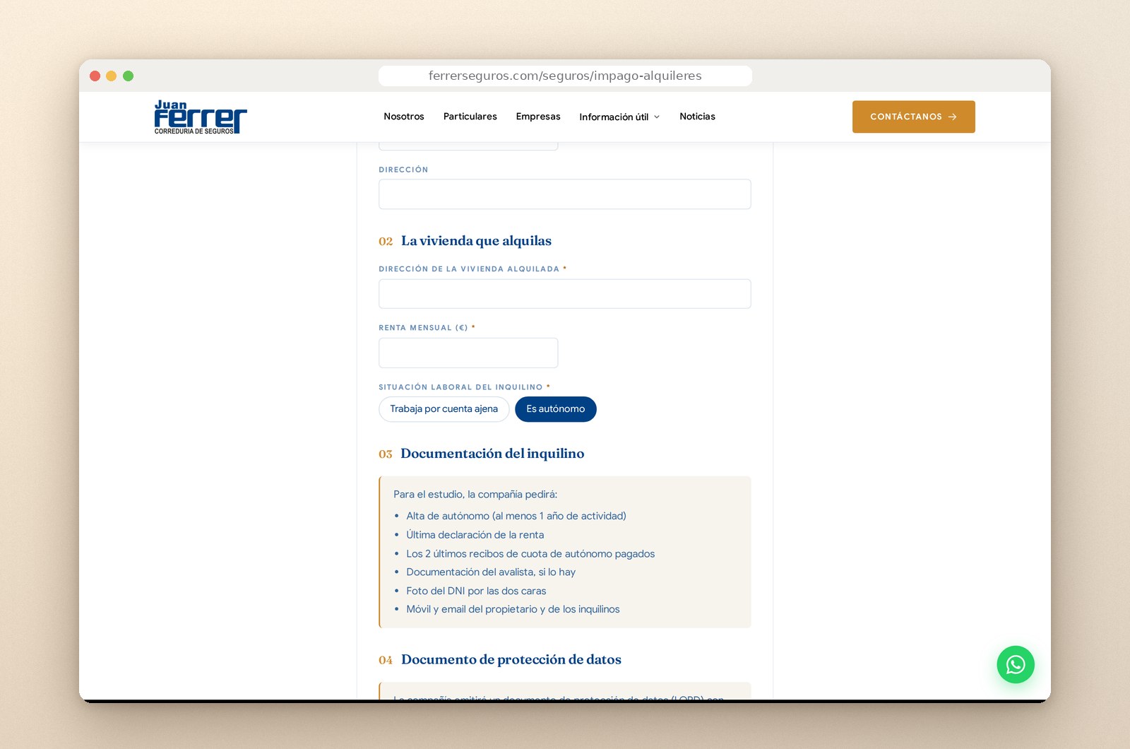 Formulario de impago de alquileres con la documentación para autónomos